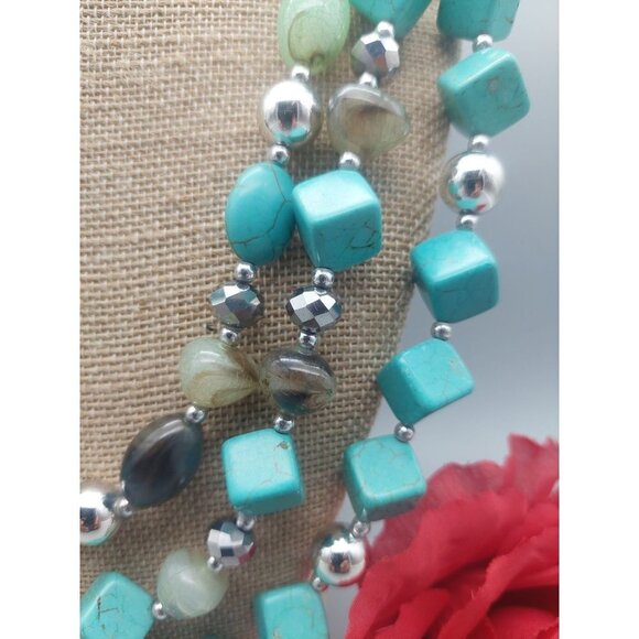 Silver Tone Faux Turquoise Statement Necklace Multi Strand Beaded Collar 21" - Picture 5 of 11